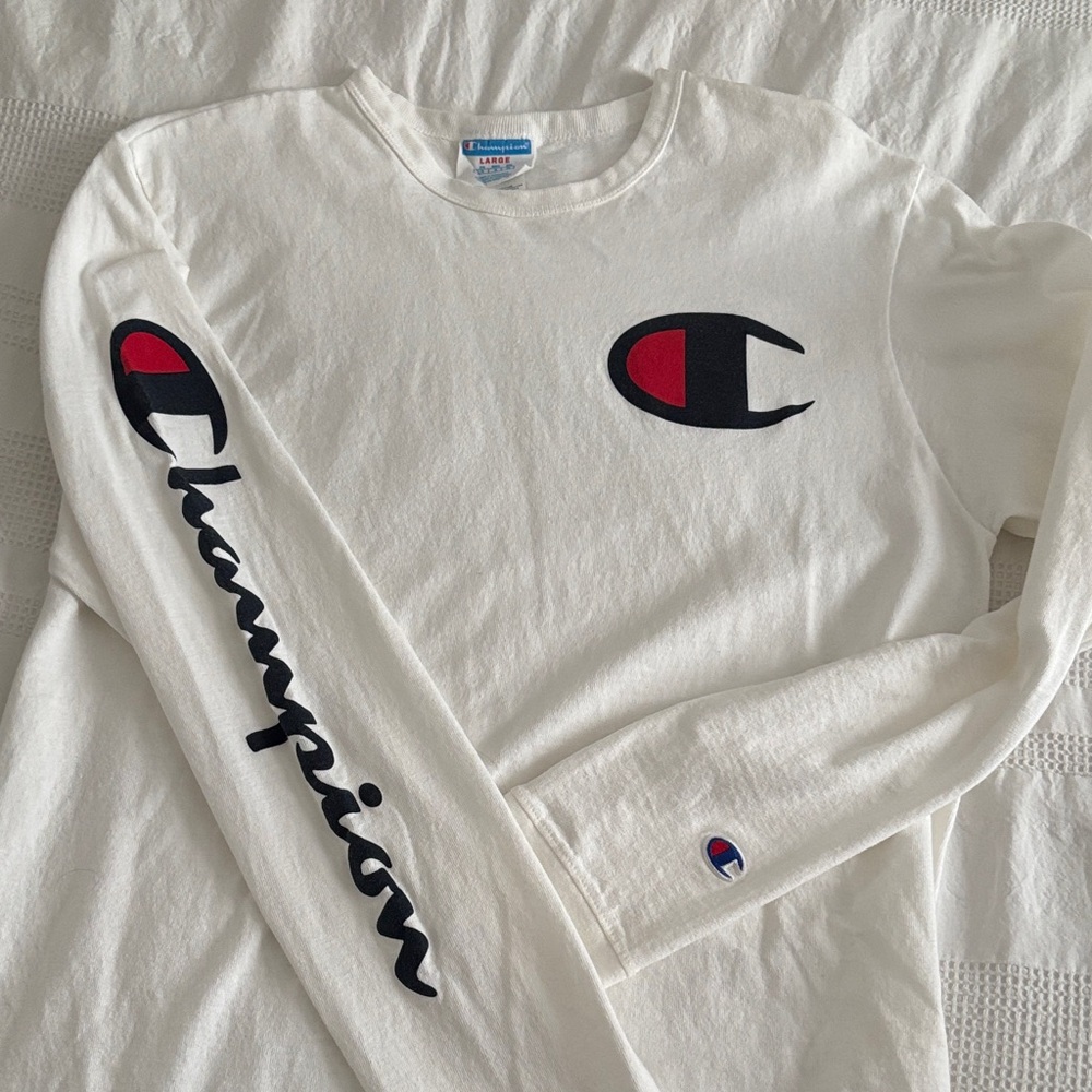 Champion Cream Long Sleeve Tee with Logo